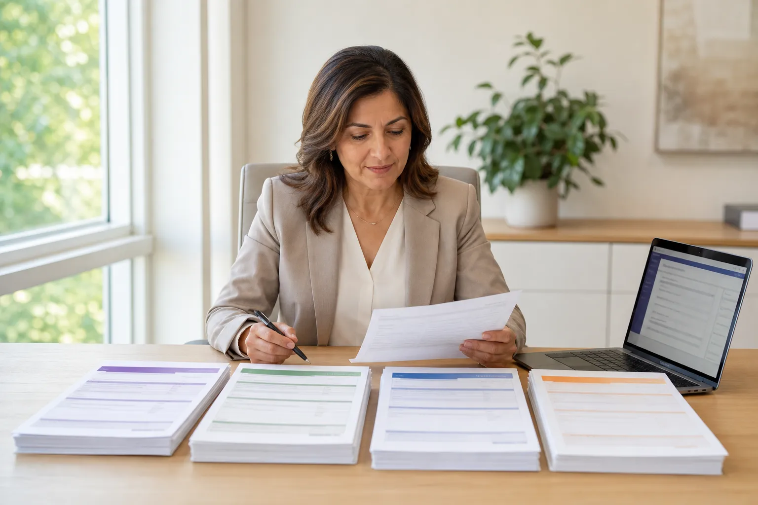 Healthcare administrator reviewing a Medicare enrollment application beside four colour-coded stacks of forms and an open laptop
