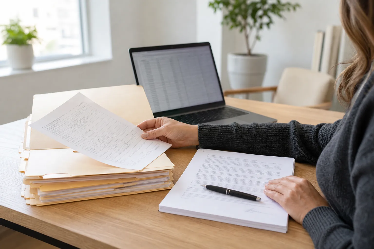 Credentialing specialist reviewing a verified provider file alongside an open payer participation contract on a bright office desk