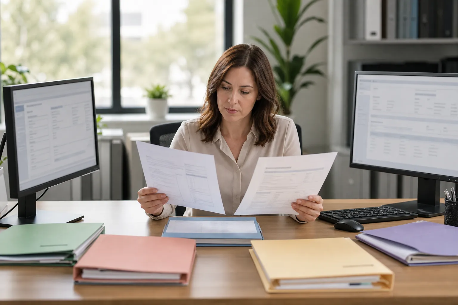 Credentialing specialist comparing license verification records for several provider types on a dual-monitor desk