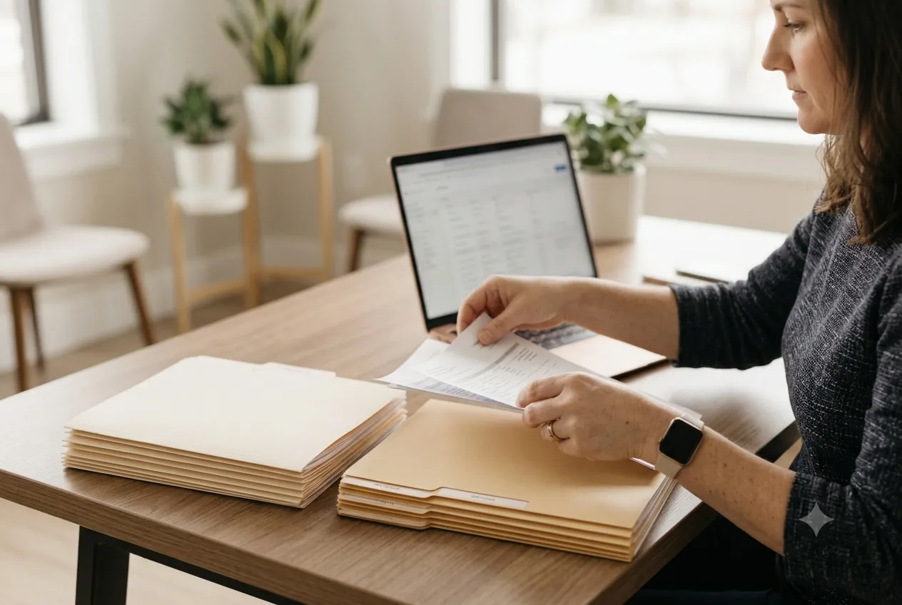Credentialing specialist comparing separate credentialing and payer enrollment document sets on a desk
