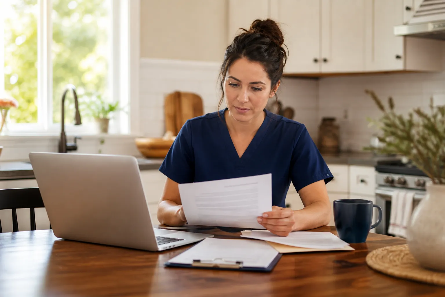 Home health nurse reviewing agency licensing paperwork at a kitchen table with a patient chart and laptop