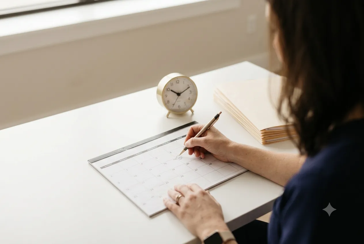 Credentialing specialist marking dates on a calendar beside stacked provider application folders
