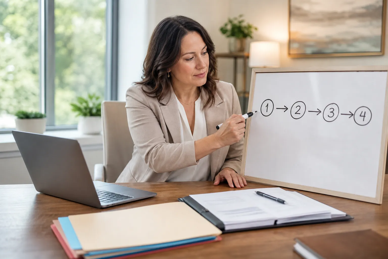Private practice owner drawing a numbered four-step sequence on a whiteboard beside a laptop and payer application folders