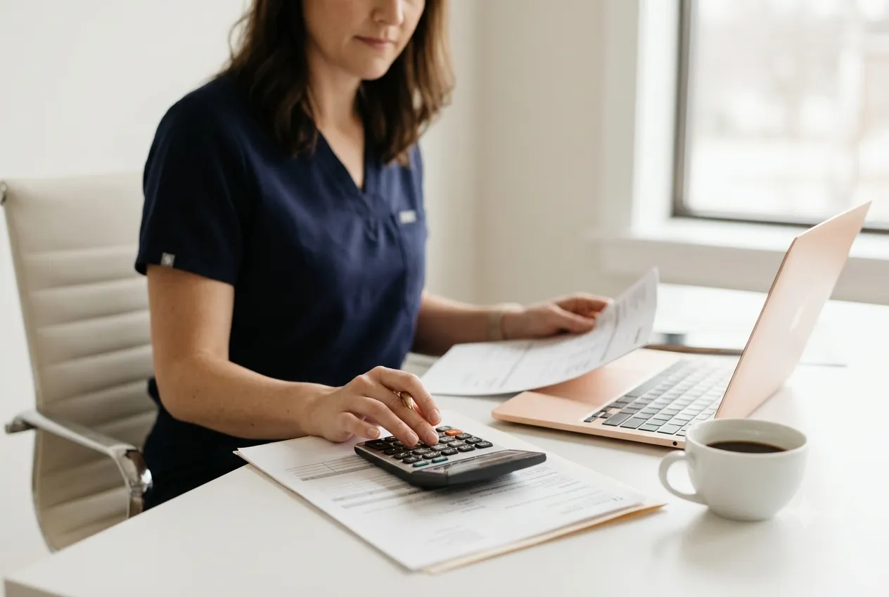 Healthcare practice administrator reviewing medical credentialing costs and billing paperwork at a desk