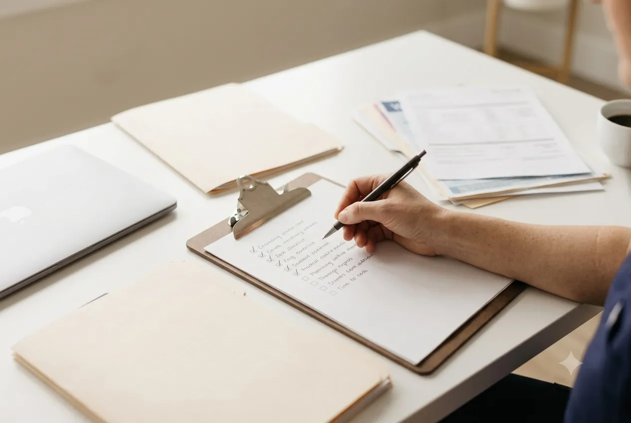 Organized provider credentialing checklist with a clipboard, pen, and document folders on a desk
