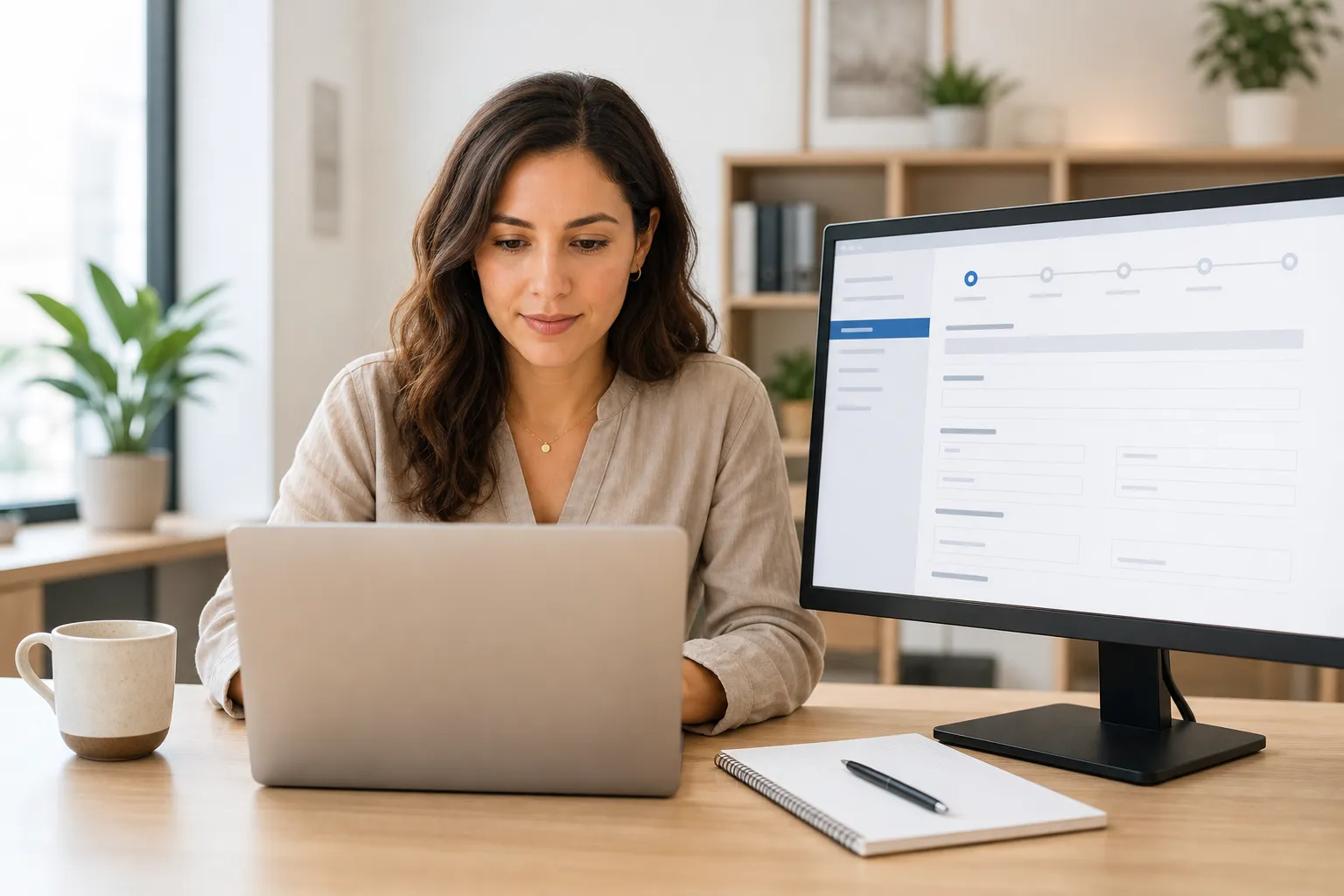 Provider enrollment specialist working on a laptop beside a monitor showing a multi-step online enrollment application