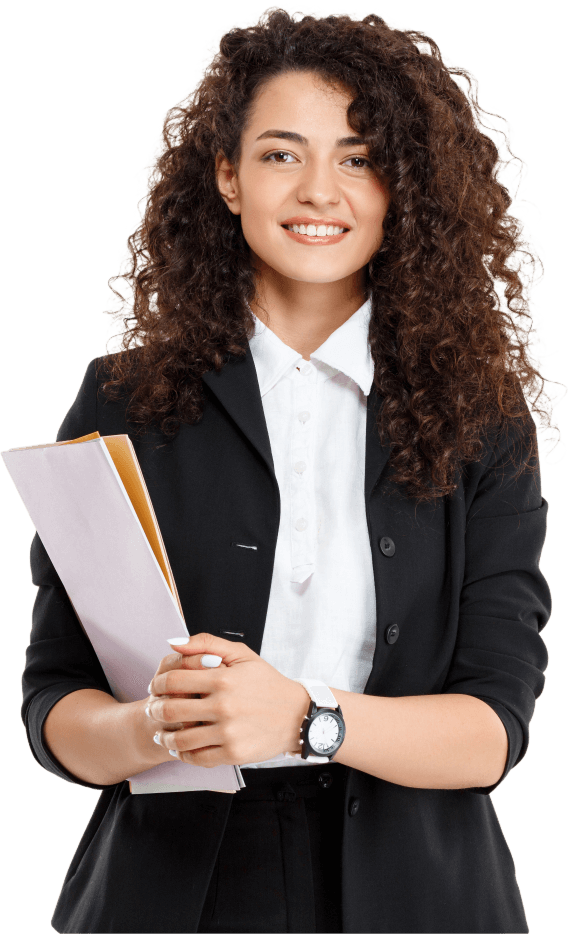 A woman holding papers and wearing a watch.