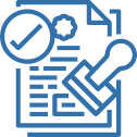 A blue and black icon of a document with an image of a key